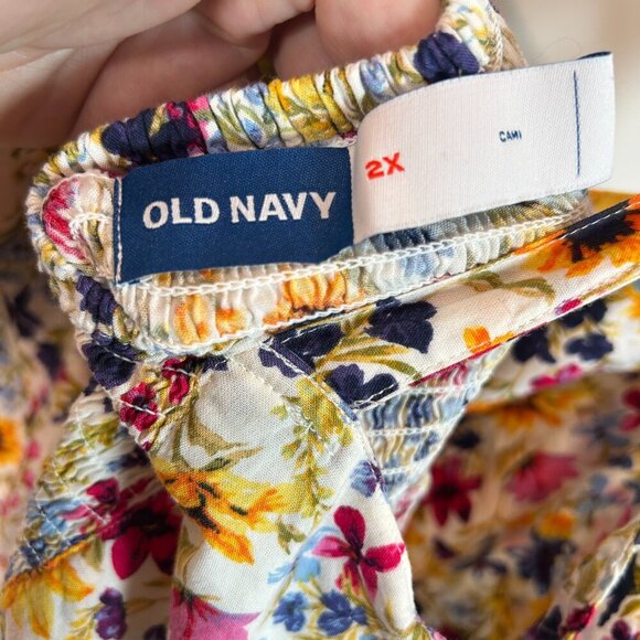 Old Navy Vibrant Floral Cotton Mini Dress‎ Sz 2X Tiered Smocked Tie Straps Flowy - Picture 5 of 6